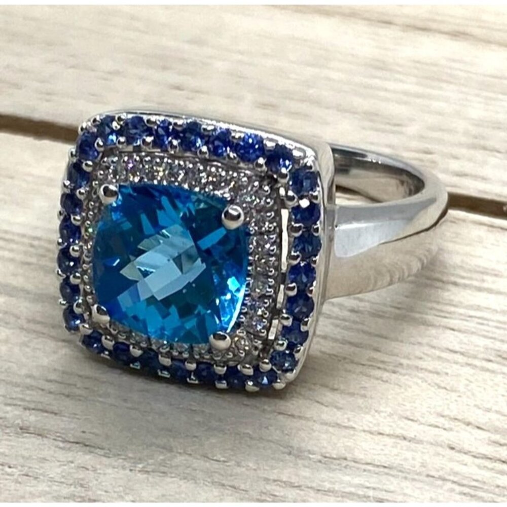 Le Vian 14K 585 White Gold Blue Stones and Diamonds Size 7